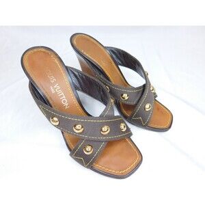 Louis Vuitton Brown Logo Studded Wedge Heels Size 36